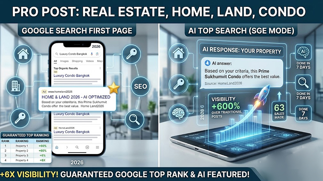 ประกาศ โฆษณา โฆษณาขายอสังหา โพสต์บ้านที่ดิน ติดกูเกิลและAI รับประกาศขายบ้าน ไม่มีค่านายหน้า