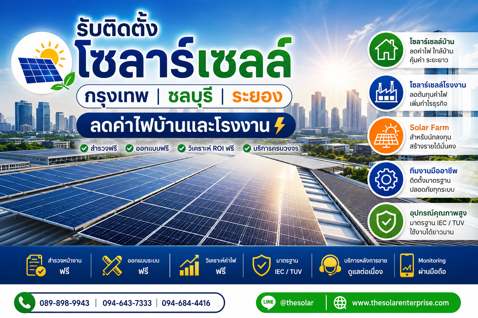 บริการ ประกาศ ติดตั้งโซลาร์เซลล์ชลบุรีนิคมอุตสาหกรรม ลดค่าไฟบ้านและโรงงาน ลดค่าไฟบ้านและโรงงาน ลดค่าไฟจริงวิเคราะห์ROIฟรี ชลบุรีระยอง
