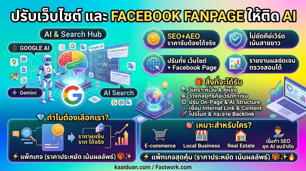 รับจ้าง ประกาศ ติดAISearch 2026 ให้ติดGoogle แต่งเว็บ&ปรับแฟนเพจ ปรับโครงสร้างเว็บและแฟนเพจ